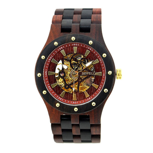 Reloj de madera BEWELL, reloj mecánico hueco automático de lujo superior, relojes de pulsera vintage para hombre de negocios.