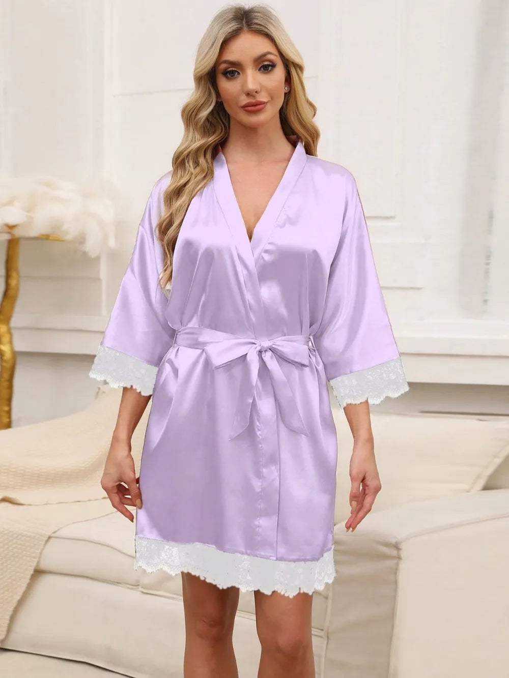 Pijama para mujer, bata de baño de color con encaje y empalme