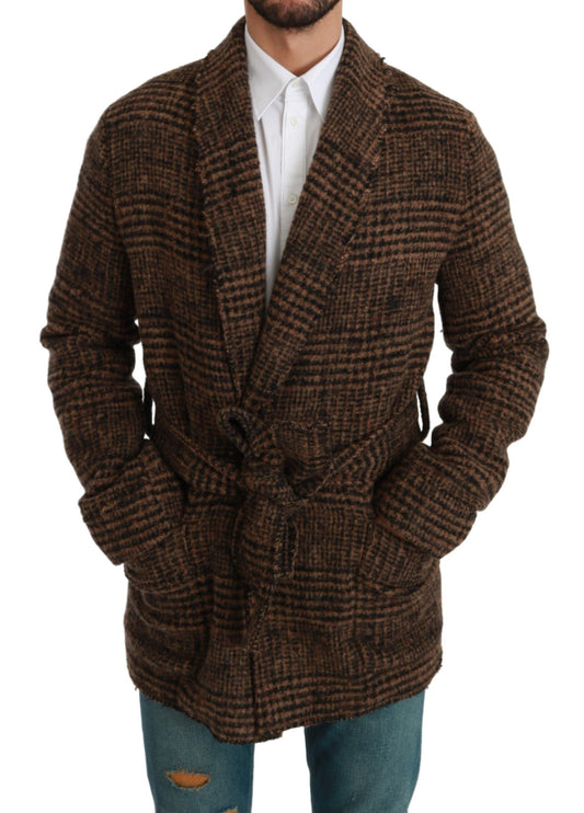 Dolce & Gabbana Brown Checkered Wool Robe Coat Wrap Jacket