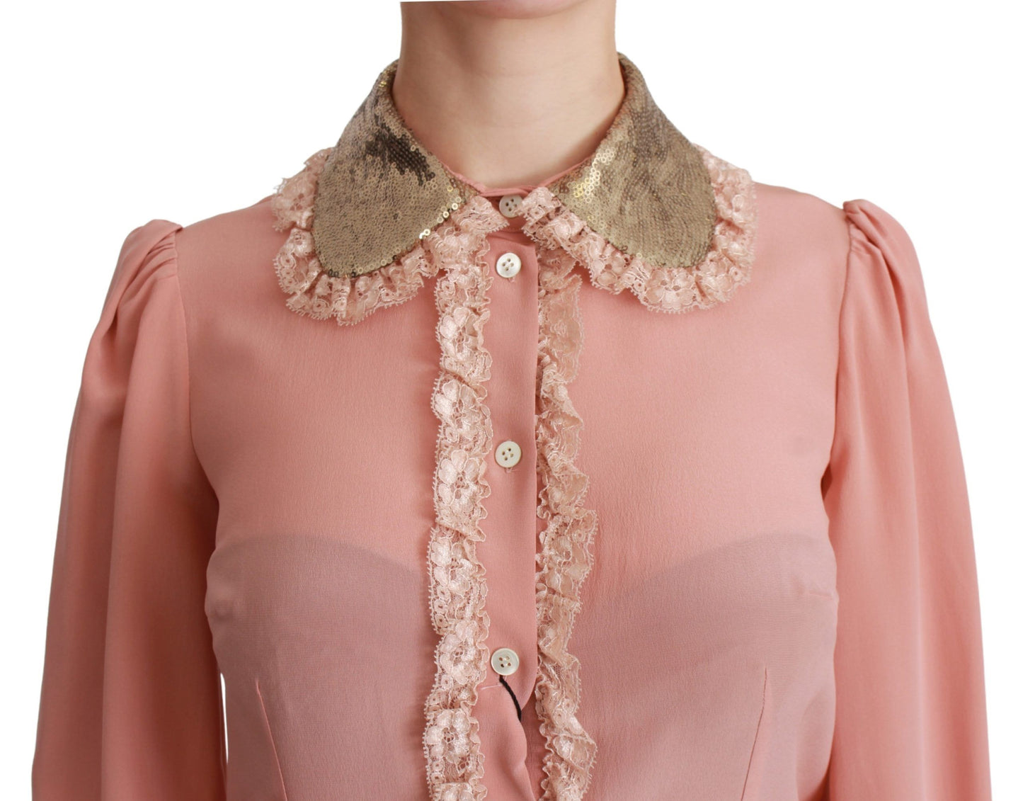 Dolce & Gabbana Pink Silk Gold Sequin Lace Blouse Shirt