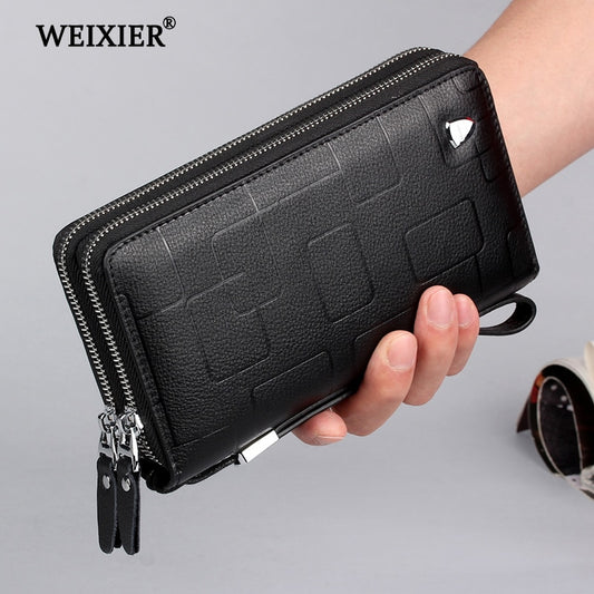 Cartera WEIXIER de cuero genuino para teléfono móvil, con cremallera para hombre, monedero de negocios