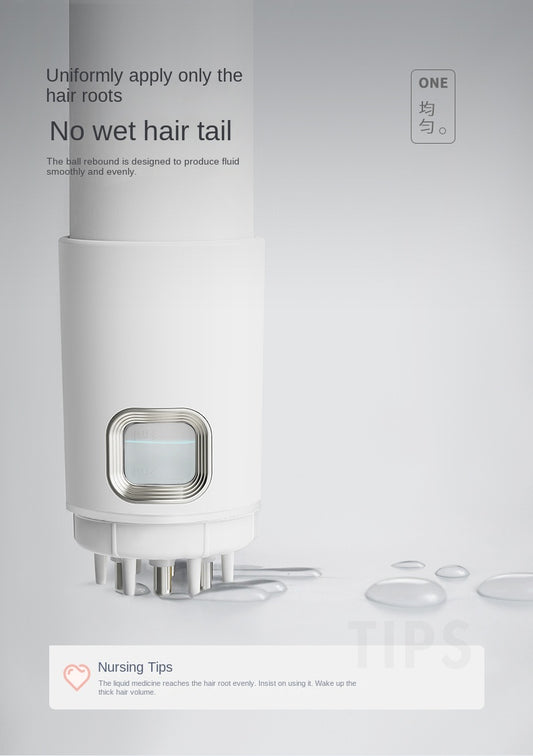 Dispositivo de medicina para el cuero cabelludo. Aporta líquido para el cuidado del cabello, peine medicinal