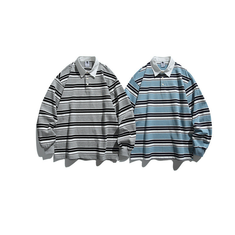 Camiseta informal de cuello polo estilo perezoso para hombre, sudadera a rayas