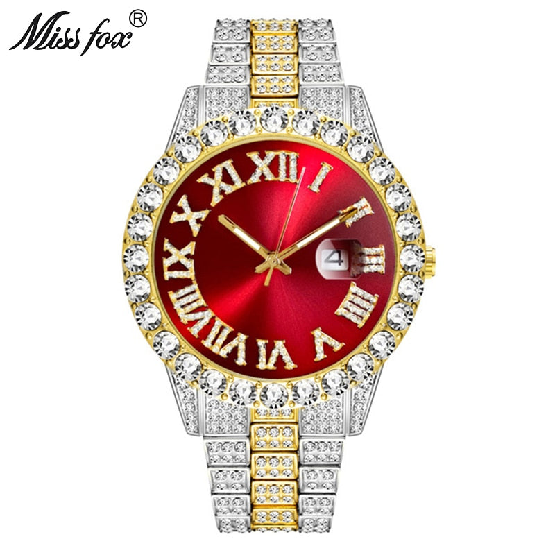 MISSFOX 2643Re Relojes para Hombre. Moderno simulando Diamante. Resistente al Agua. Oro de 18k Reloj Analógico de Cuarzo