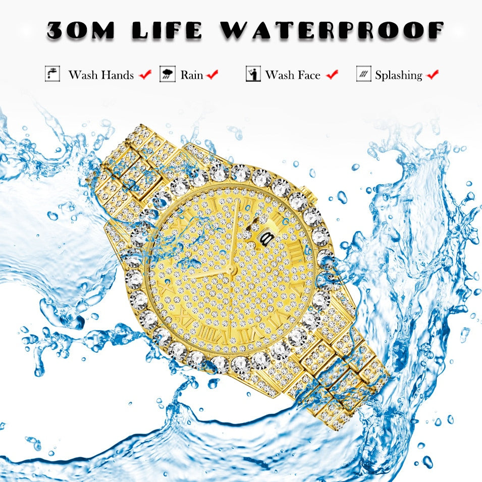 MISSFOX 2643Re Relojes para Hombre. Moderno simulando Diamante. Resistente al Agua. Oro de 18k Reloj Analógico de Cuarzo
