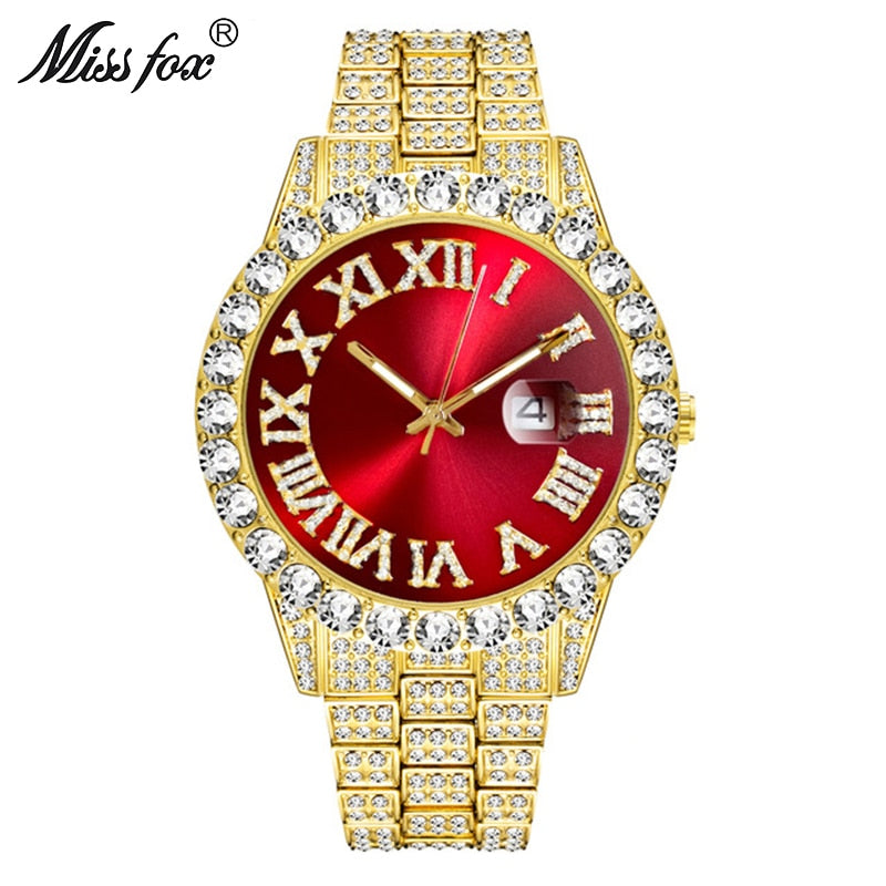 MISSFOX 2643Re Relojes para Hombre. Moderno simulando Diamante. Resistente al Agua. Oro de 18k Reloj Analógico de Cuarzo