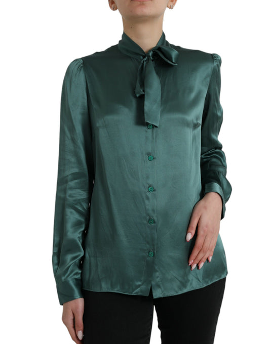 Dolce & Gabbana Dark Green Silk Ascot Collar Blouse Top