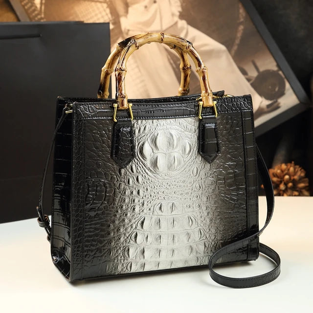 Bolso de mano de piel auténtica de bambú para mujer