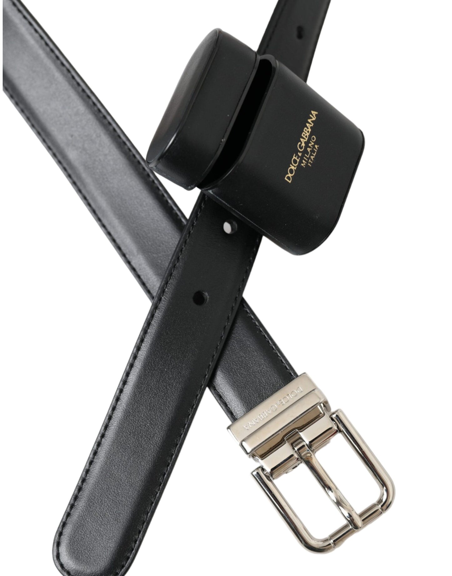 Dolce & Gabbana Black Leather Airpods Case Silver Buckle Belt