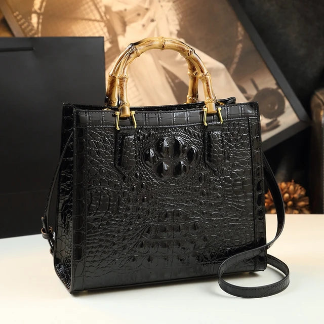 Bolso de mano de piel auténtica de bambú para mujer