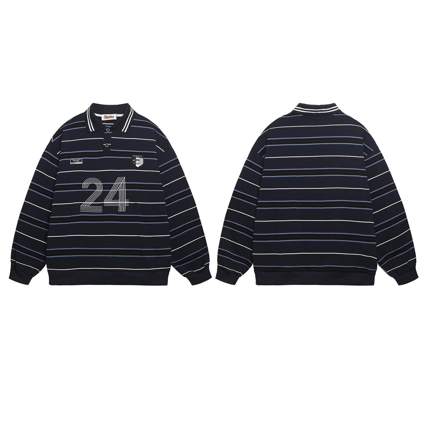 Sudadera unisex de rayas azules y blancas, holgada, informal, estilo relajado, versátil, con cuello polo