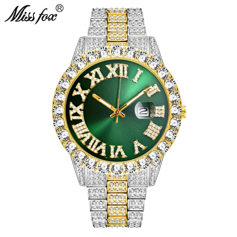 MISSFOX 2643Re Relojes para Hombre. Moderno simulando Diamante. Resistente al Agua. Oro de 18k Reloj Analógico de Cuarzo