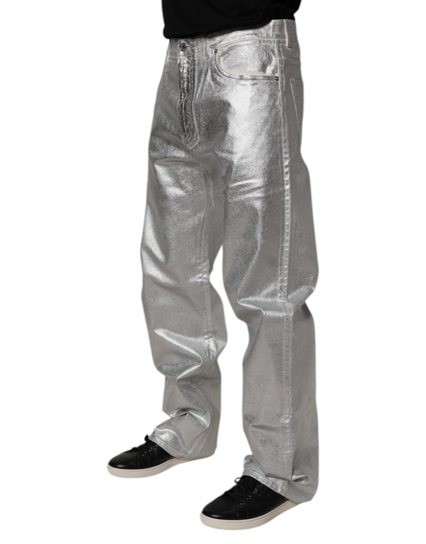 Dolce & Gabbana Metallic Silver Cotton Straight Denim Jeans