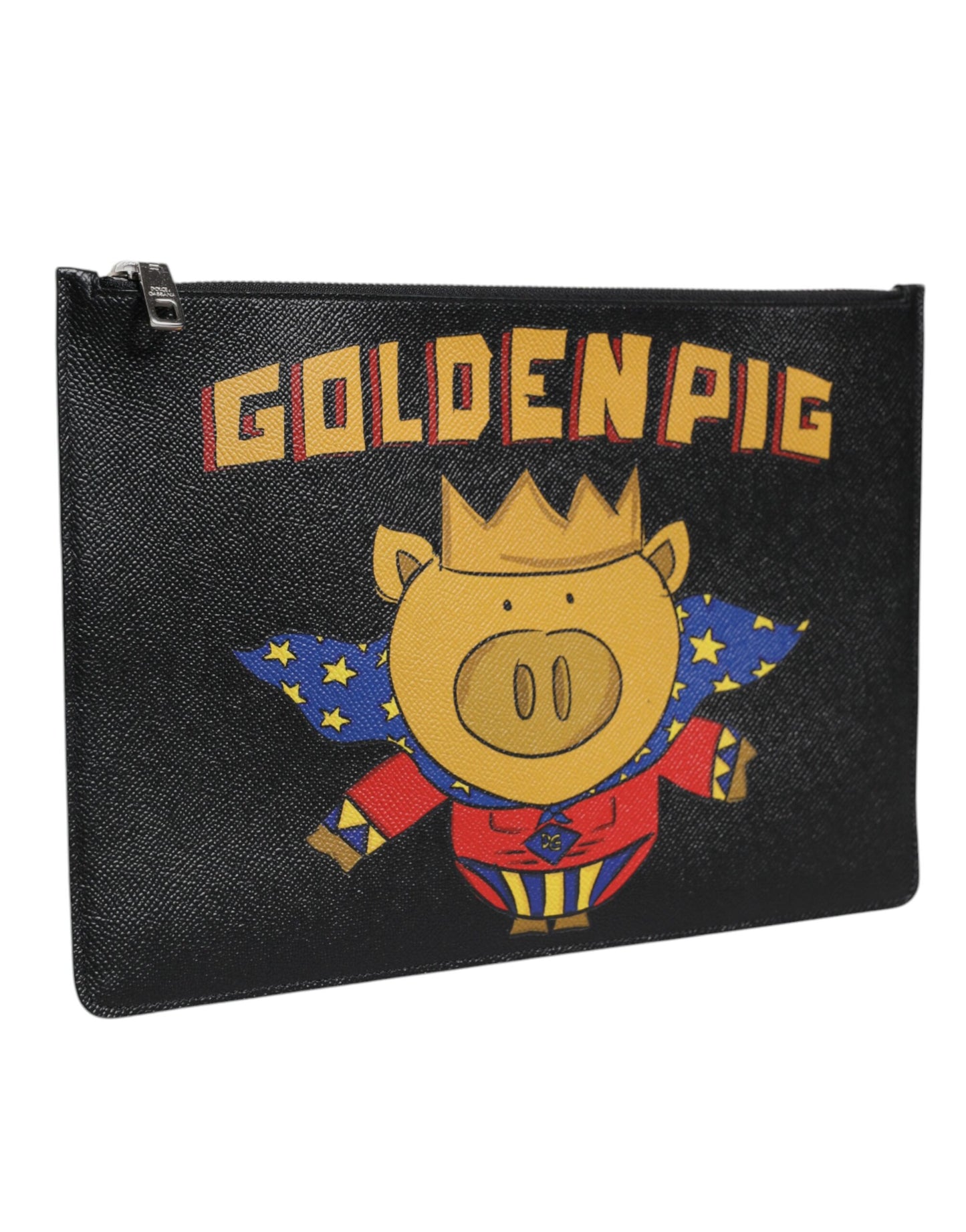 Dolce & Gabbana Black Leather Golden Pig Print Logo Plaque Men Pouch Bag