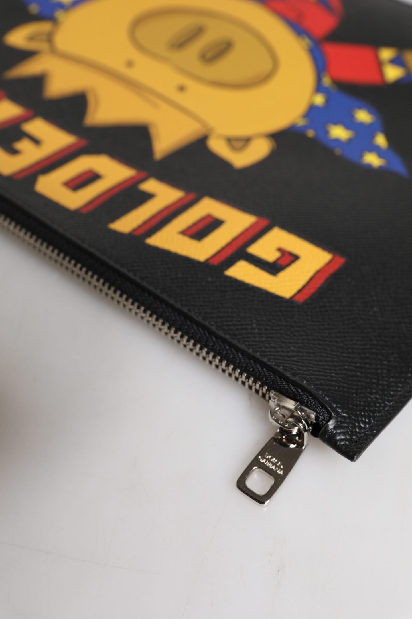 Dolce & Gabbana Black Leather Golden Pig Print Logo Plaque Men Pouch Bag
