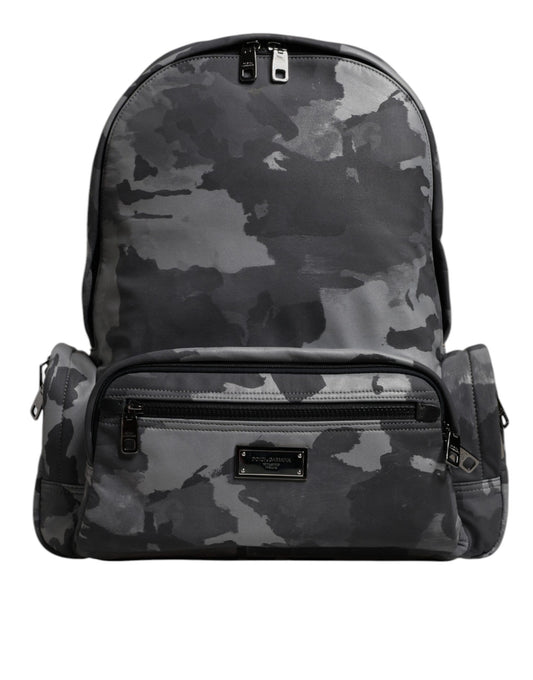 Dolce & Gabbana Gray Cotton Camouflage Logo Plaque Backpack Bag