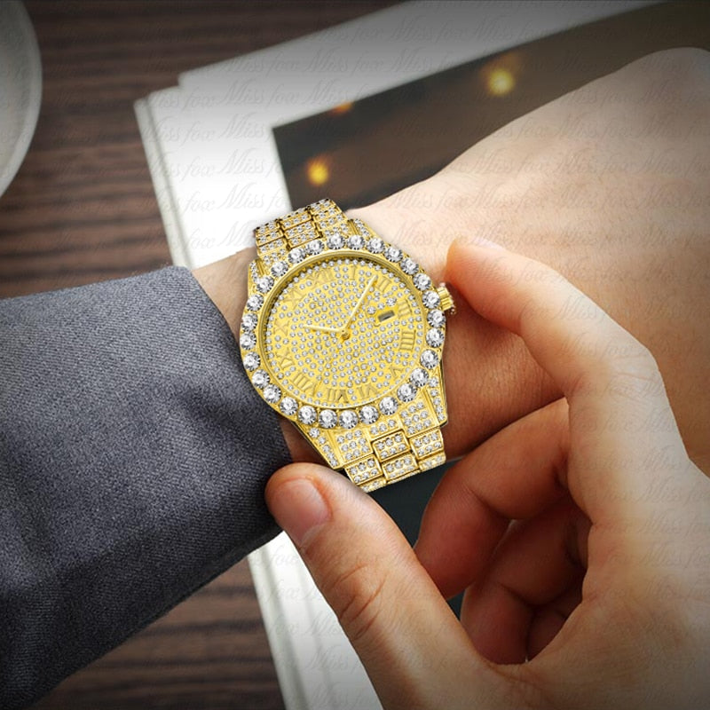 MISSFOX 2643Re Relojes para Hombre. Moderno simulando Diamante. Resistente al Agua. Oro de 18k Reloj Analógico de Cuarzo