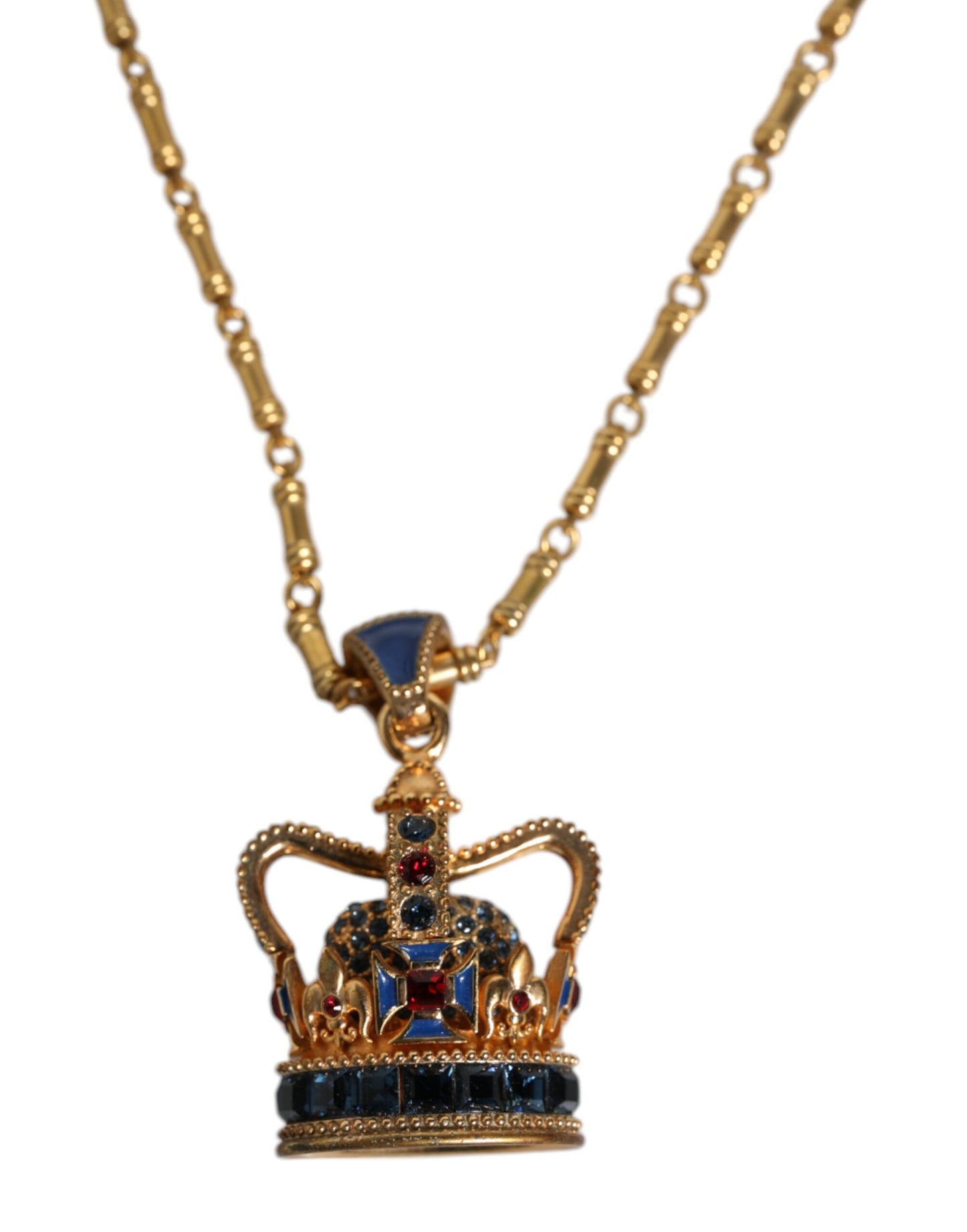 Dolce & Gabbana Gold Tone Chain Brass Crystal Crown Pendant Necklace