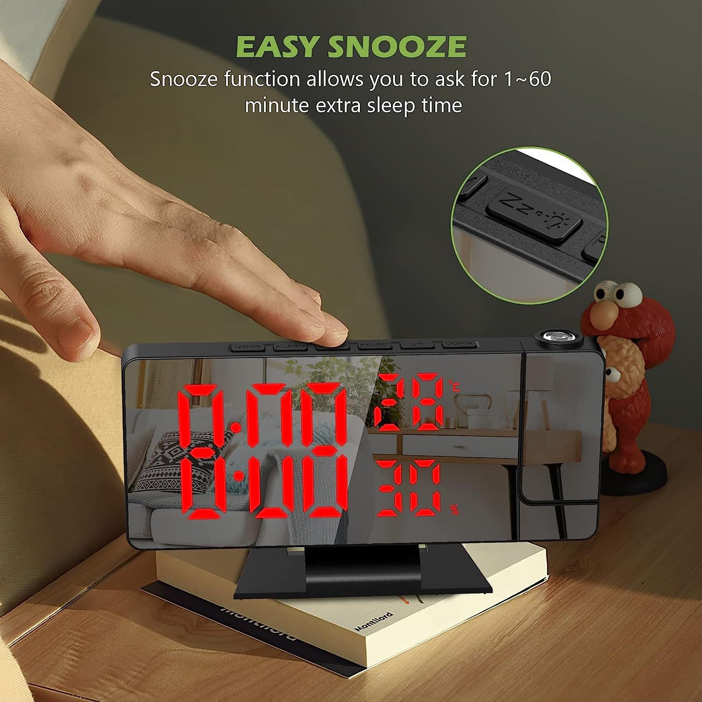 Reloj despertador con proyección LED para el hogar: hora, temperatura, luz de fondo y función de repetición.