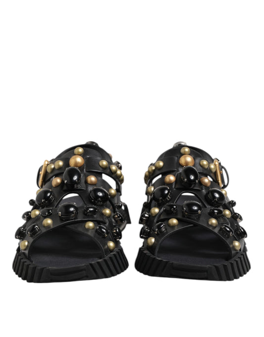 Dolce & Gabbana Black Leather Studded Ankle Strap Sandals Shoes