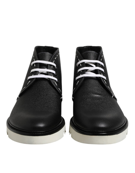 Dolce & Gabbana Black White Leather Ankle Boots Shoes