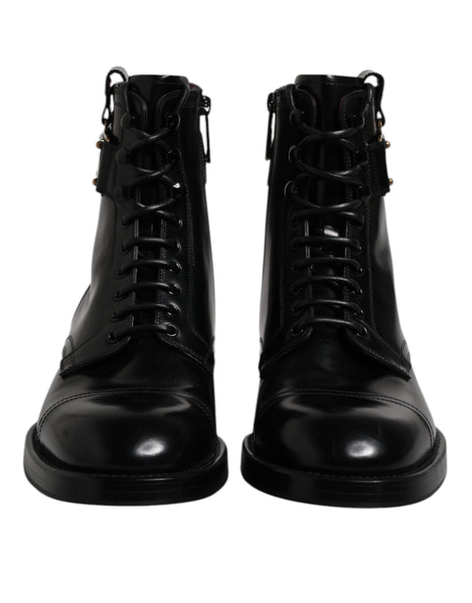 Dolce & Gabbana Black Leather Mid Calf Boots Lace Up Shoes