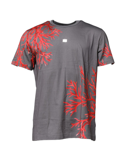 Dolce & Gabbana Gray Cotton Coral Print Logo Plaque T-shirt