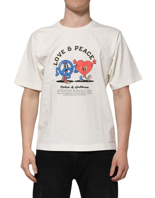 Dolce & Gabbana White Love Peace Cotton Men Crew Neck T-shirt