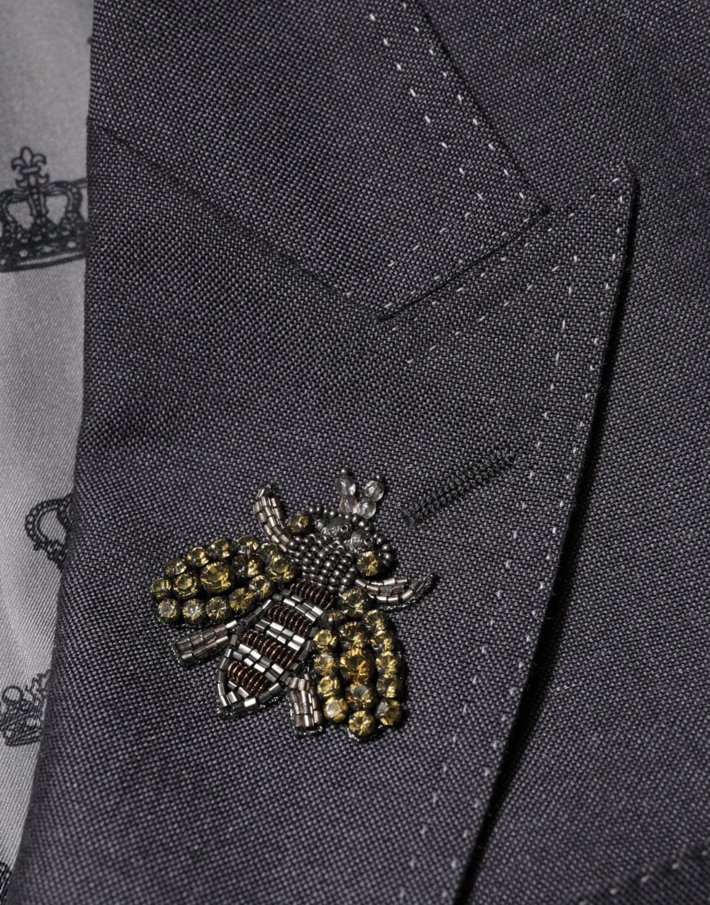 Dolce & Gabbana Dark Gray Bee Embroidery SICILIA Coat Blazer
