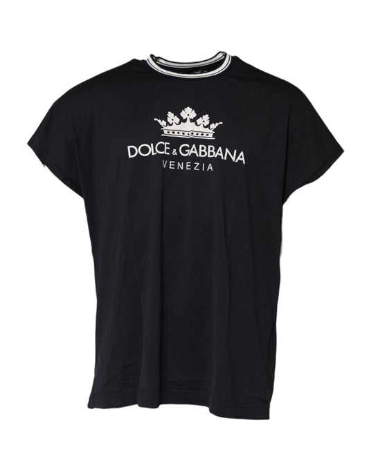 Dolce & Gabbana Dark Blue Venezia Crown Cotton Crew Neck T-shirt