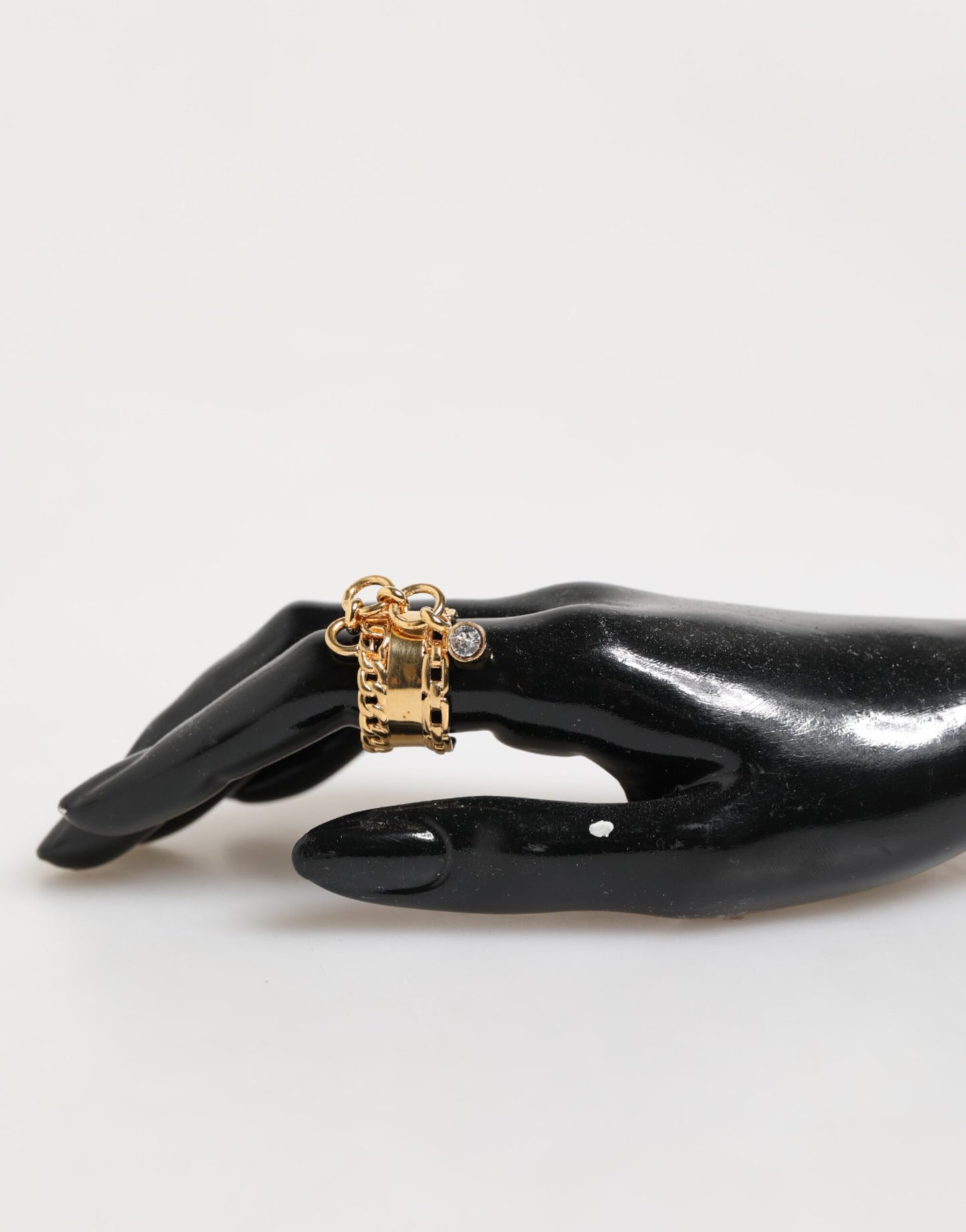 Dolce & Gabbana Gold Tone Brass Logo Chain Clear Crystals Adjustable Ring