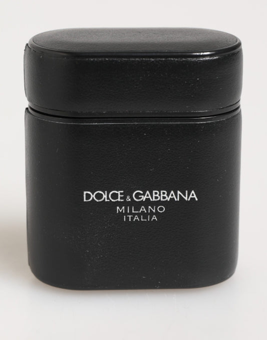 Dolce & Gabbana Black Calfskin Leather Logo Print Flip Holder Airpods Case