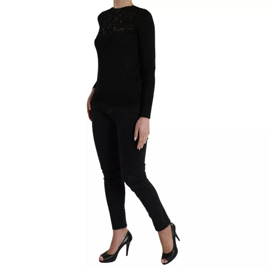 Dolce & Gabbana Black Silk Lace Trim Long Sleeves Blouse Top