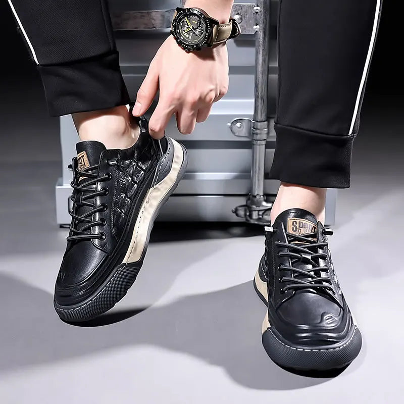 Zapatos deportivos de cuero genuino con cordones para hombre, zapatillas informales de moda