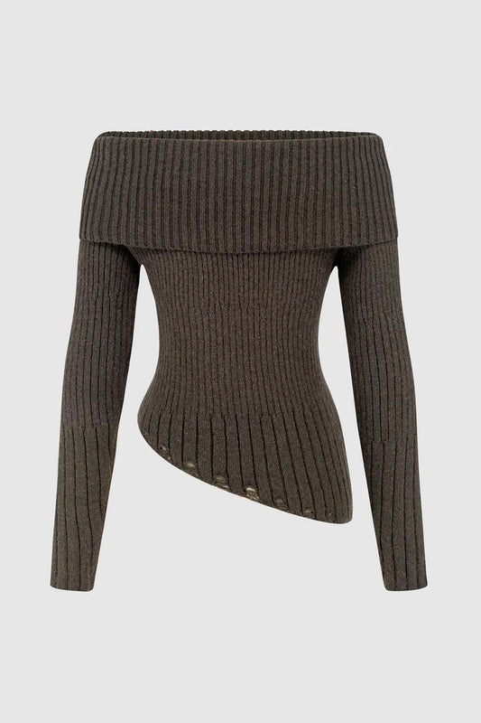 Sweater de un solo hombro - top ajustado con dobladillo diagonal versátil
