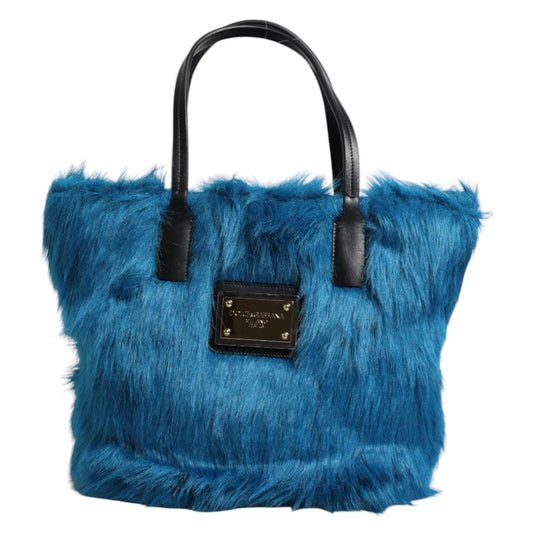 Dolce & Gabbana Blue Fur Logo Plaque Double Handle Shoulder Bag