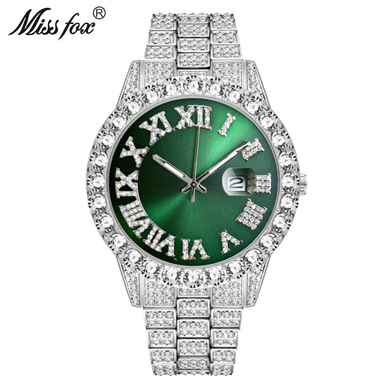 MISSFOX 2643Re Relojes para Hombre. Moderno simulando Diamante. Resistente al Agua. Oro de 18k Reloj Analógico de Cuarzo