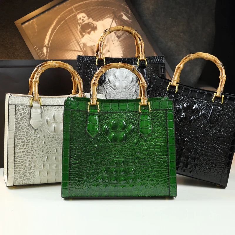 Bolso de mano de piel auténtica de bambú para mujer
