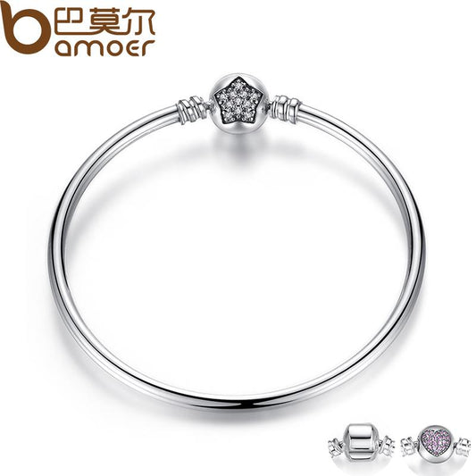 Pulsera y brazalete BAMOER de cadena de serpiente de plata de ley 925 con circonita cúbica pavé y estrella, joyería DIY PAS901