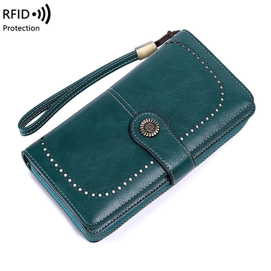 Cartera antimagnética RFID con cremallera, de cuero y de gran capacidad