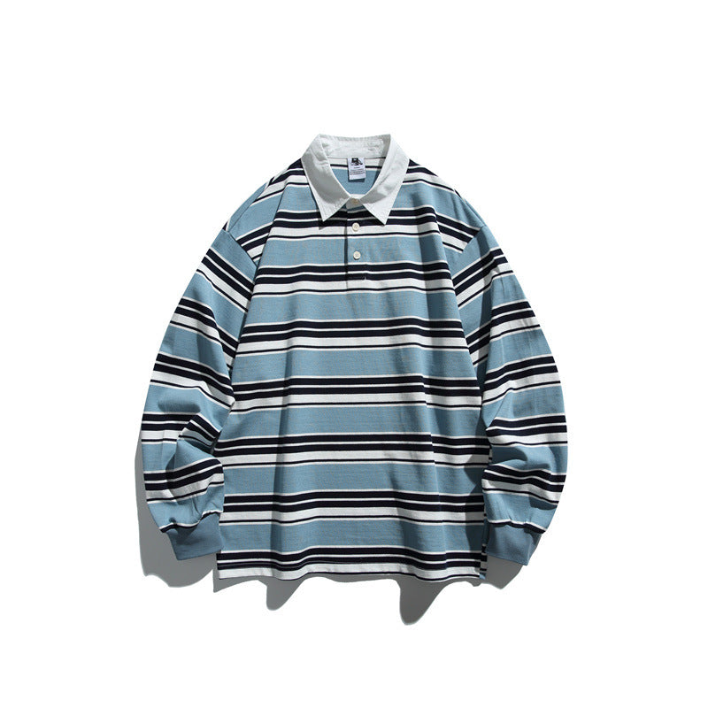 Camiseta informal de cuello polo estilo perezoso para hombre, sudadera a rayas
