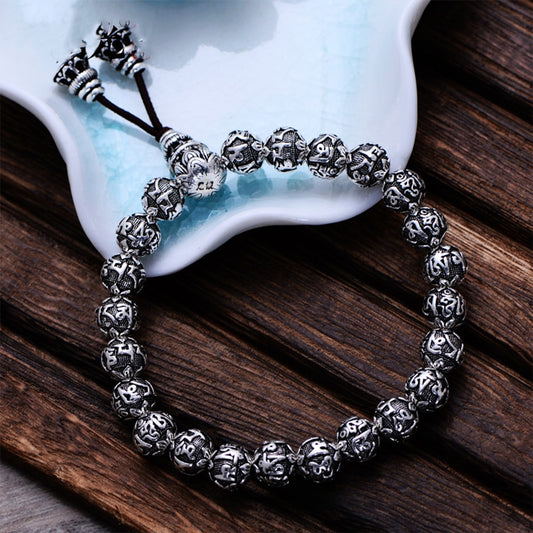 Pulsera de mantra budista de plata fina 999 maciza con cuentas de Buda para joyería vintage unisex, elástica, 17-22 cm