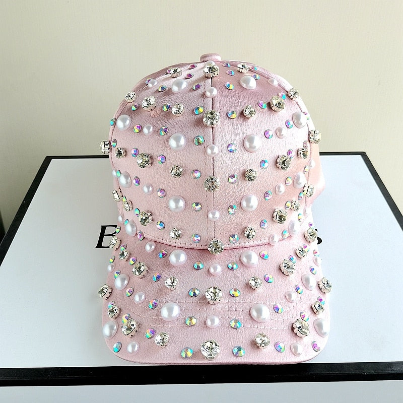 Gorra de béisbol con perlas y diamantes de imitación para mujer y niña, ajustable, color blanco y rosa, a la moda, de alta calidad
