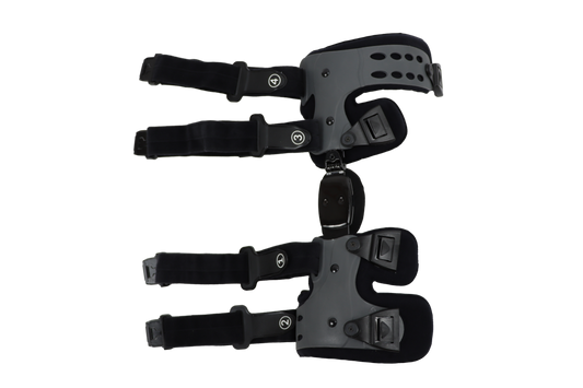 Dispositivo ortopédico de soporte corrector de rodilla unilateral ajustable con giro interno y externo.