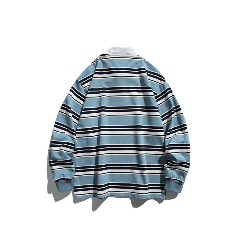 Camiseta informal de cuello polo estilo perezoso para hombre, sudadera a rayas