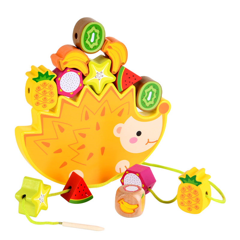 Rompecabezas de madera forma de erizo para niños. Juguete de cuentas de fruta para guardería, educación temprana.