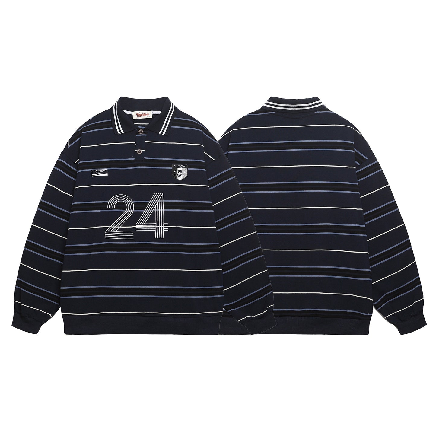 Sudadera unisex de rayas azules y blancas, holgada, informal, estilo relajado, versátil, con cuello polo