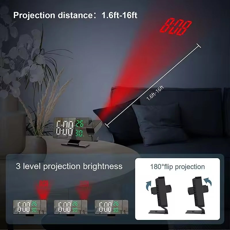 Reloj despertador con proyección LED para el hogar: hora, temperatura, luz de fondo y función de repetición.