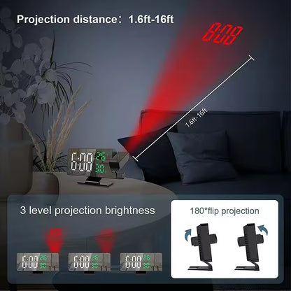 Reloj despertador con proyección LED para el hogar: hora, temperatura, luz de fondo y función de repetición.