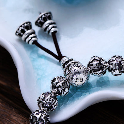 Pulsera de mantra budista de plata fina 999 maciza con cuentas de Buda para joyería vintage unisex, elástica, 17-22 cm